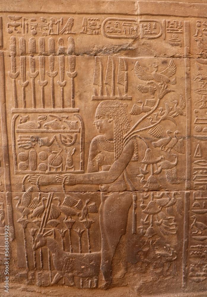 Ancient egyptian carvings at Kom Ombo temple in Aswan, Egypt 