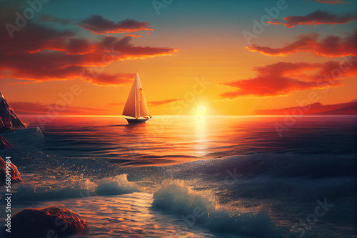 A beautiful sunset over the ocean with a sailboat in the distance. Created with Generative AI technology.