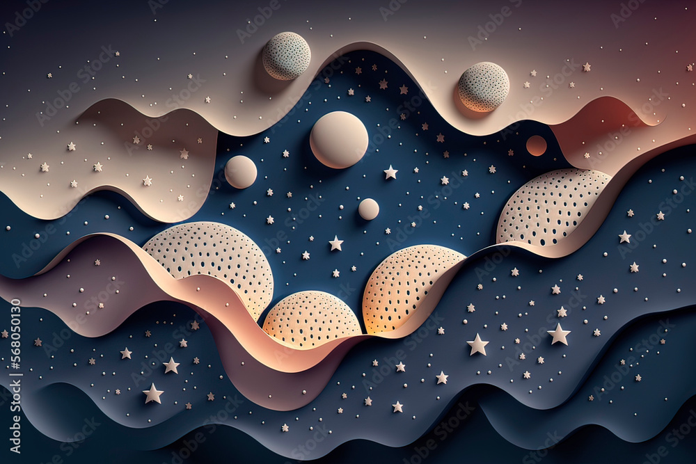 Abstract night starry sky with crescent and moon made of paper. AI