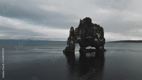 Hvitserkur unique basalt rock in Iceland. The majestic Hvitserkur is a 15 meter high monolith standing offshore of Vatnsnes peninsula in North-West Iceland. It's famous travel destination of Iceland