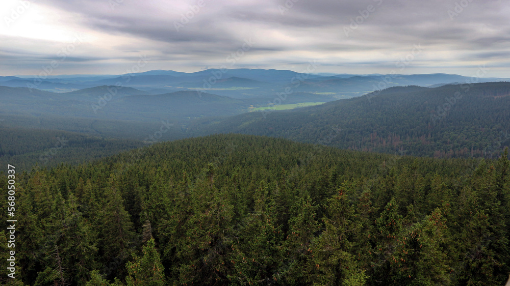 A view to the large forest from the lookout tower at Boubin, Czech republic
