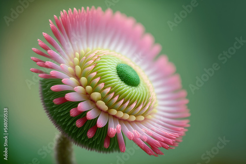 Springtime macro image of a blooming pink daisy flower on a green background. Pink petalled Bellis perennis wildflower in close up on a bright summer day. Generative AI