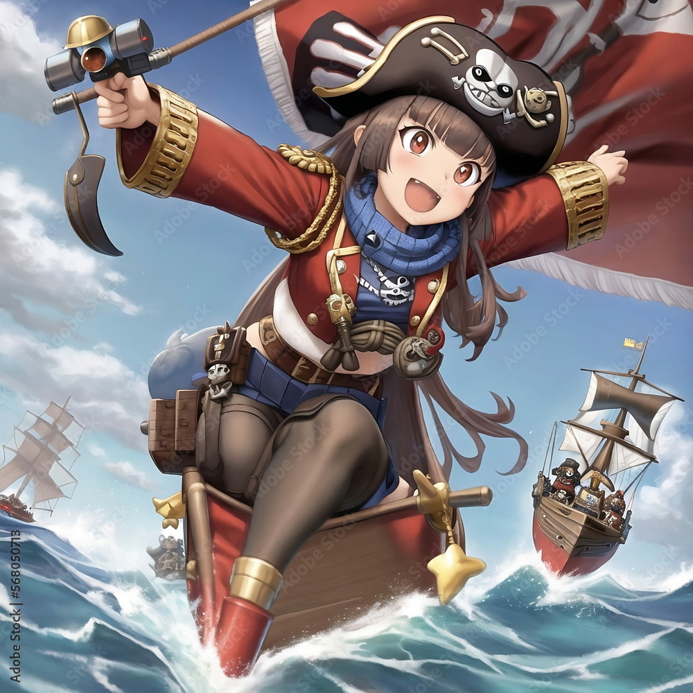 Obraz premium cheerful, mischievous pirate girl, wearing a hat, taking a selfie on a sailing boat, dynamic pose, art, cartoon, generated in AI