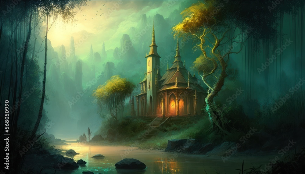 Hidden Temple deep in the Jungle, Concept Art, Digital Illustration, Generative AI