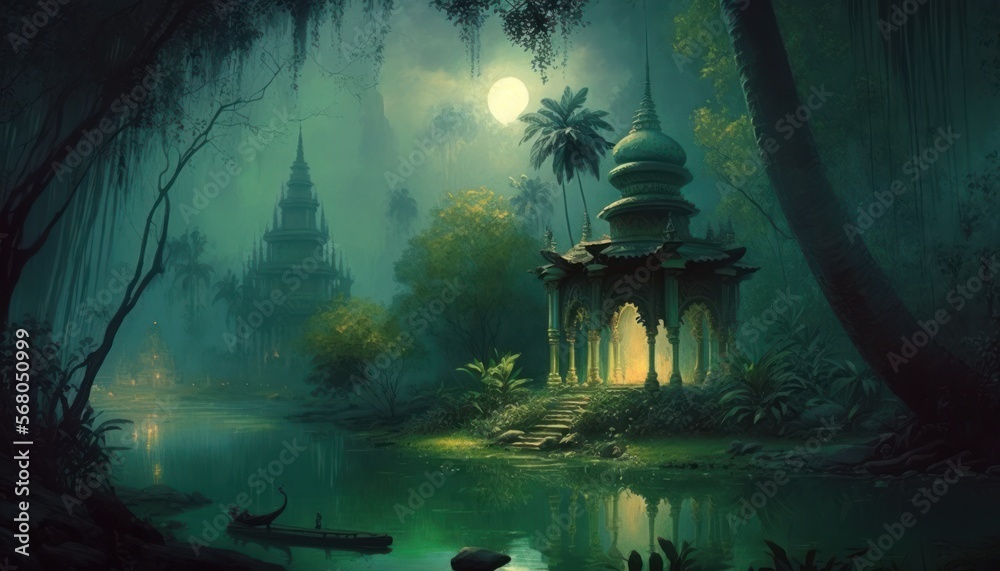 Fototapeta premium Hidden Temple deep in the Jungle, Concept Art, Digital Illustration, Generative AI