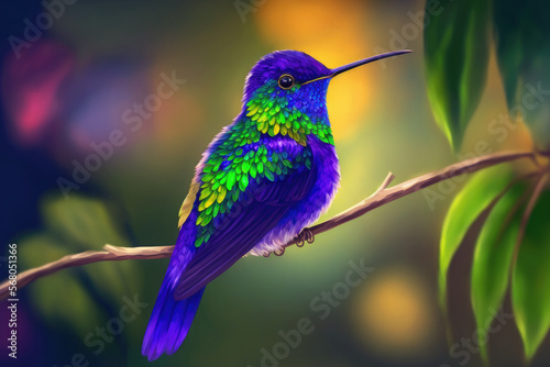 Very colorful shining green hummingbird Chrysuronia oenone Golden tailed Sapphire with violet head and rufoust tail perched on diagonal twig. Blurred green tropical plants in background. Generative AI