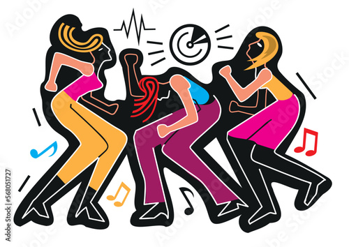 Three dancing girls, wild crazy dance party,cartoon. 
Expressive Illustration of dancers with music notes. Isolated on white background. Vector available.