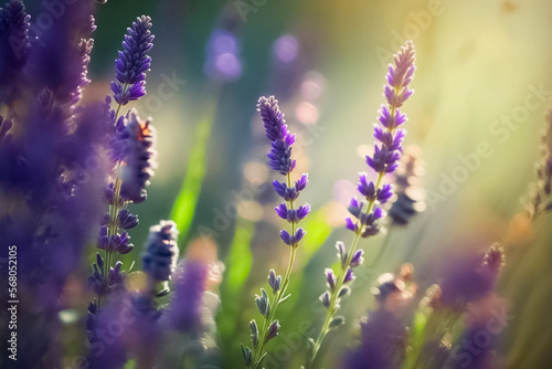 Beautiful blurred spring background nature with Lavender Flowers. Blooming lavender in a field at  sunny day. Summer spring perfect natural landscape. generative AI  