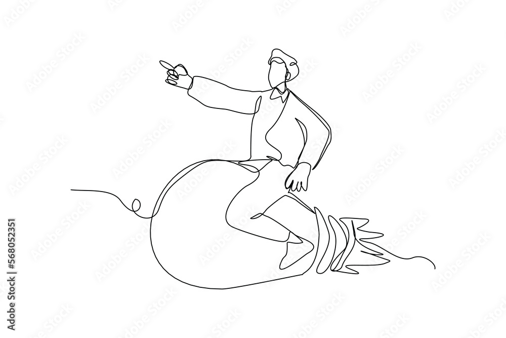 Continuous single one line drawing art of Businessman riding idea light bulb. Vector illustration of people success launching business startup achievement. Continuous single one line drawing art of Businessman riding idea light bulb. Vector illustration of people success launching business startup achievement.