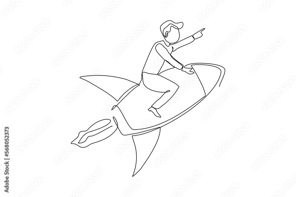 Continuous single one line drawing art of businessman riding flying rocket up. Vector illustration of man success launching startup business. Booster business growth line art design.