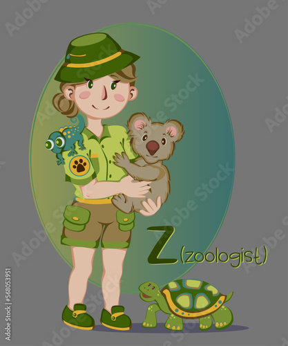 zoologist
Illustration of occupations in alphabetical order for children's books or professions day.Letter 