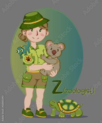 zoologist
Illustration of occupations in alphabetical order for children's books or professions day.Letter "z" - zoologist holds a koala in his arms, a chameleon and a turtle