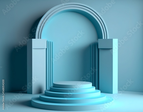 Abstract blue background with stairs, 3d render illustration. Computer digital drawing. Generative AI