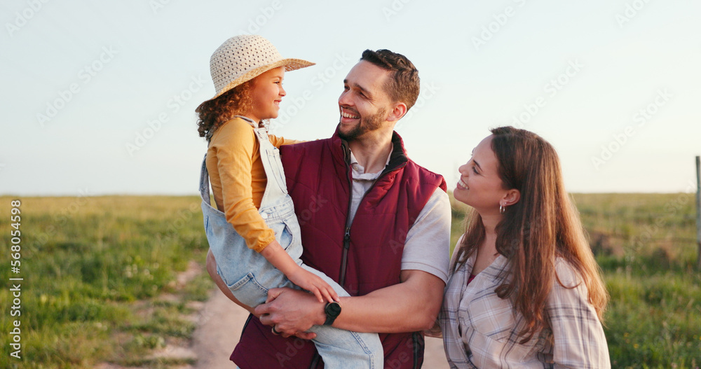 Family, mother and father with girl, on holiday and in countryside together being relax, happy and smile. Portrait, mom and dad holding daughter or child on vacation, enjoy fresh air and bonding.