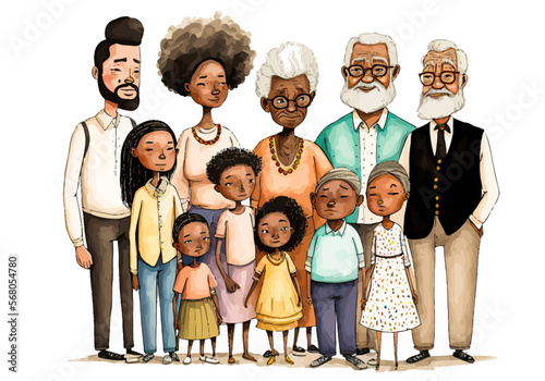 Vector image of a large African family representing all generations. Ideal for an authentic and warm atmosphere.