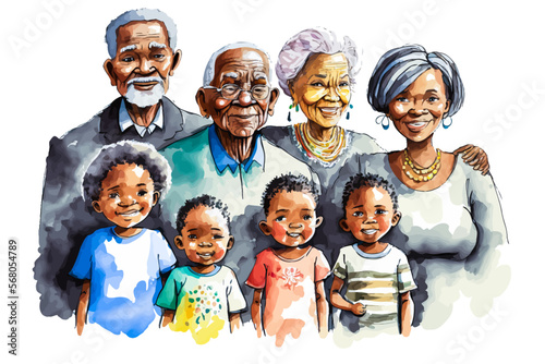 A vector portrait representing a large African family with different generations, perfect to illustrate the importance of family.