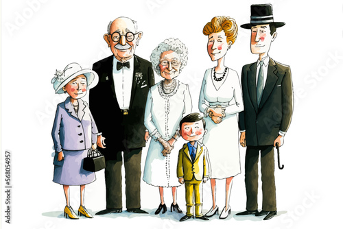 A very rich family portrait gathering all generations, vector and timeless. High society illustration, perfect for graphic design.