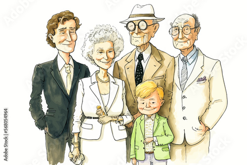 Vector image of a rich and powerful family, representing all generations. Luxurious aesthetics to illustrate the ease of high society.