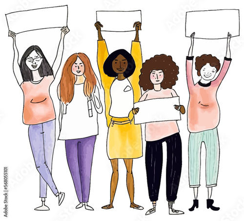 Multi-ethnic female activists and protesters hold signs in support of minority rights and challenging a current political reform. Perfect for illustrating stories of activism and inclusion.