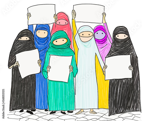 A group of Muslim women wearing hijabs hold up signs to protest against a political reform or significant cause. Vector illustration to be used for emotive and graphic applications.