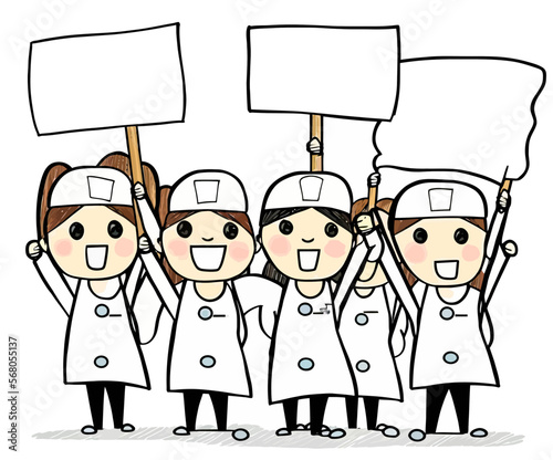 Group of protestors and nurses activists holding placards in opposition to a political reform or cause. Vector illustration captures the visual emotions of this powerful demonstration.