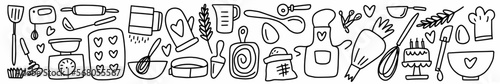 Vector horizontal pattern of kitchen items and baking dishes hand-drawn in the style of a doodle.	