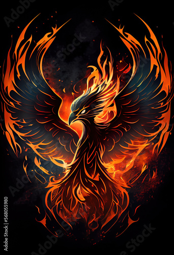 Burning bird phoenix rising form flames and fire, logo