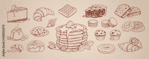 Vector sketchy illustrations set of desserts and sweet food on isolated on vintage old paper background.