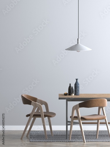 modern dining room with table, room with blank wall