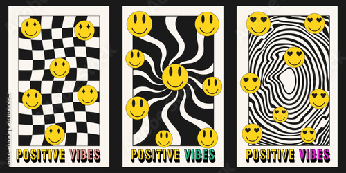 Vector set of hipie posters with cartoon faces. Placard with funny smile faces in trendy 90s style.
