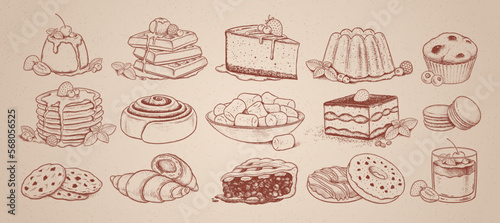 Vector sketchy illustrations collection of desserts and sweet food isolated on vintage old paper background.