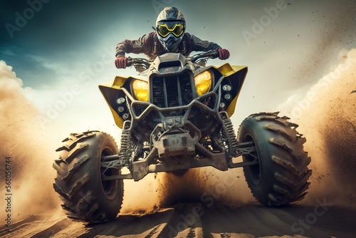 ATV Extreme quad cross MX Rider riding on Sand track ,desert one the background 