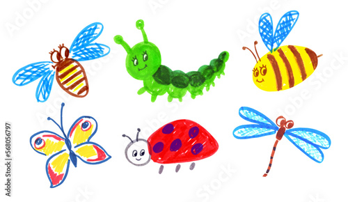 Felt pen childlike drawing illustration set of cute insects characters © Sonya illustration