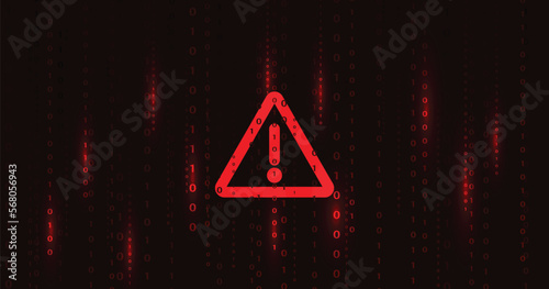 Cyber attack and Information leak concept. Attention warning attacker alert sign with exclamation mark and code on dark red background.Security protection Concept. vector illustration.	