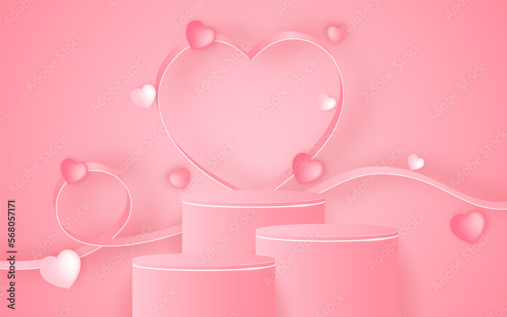 Multi-layered pink podium with pink heart ribbon on the back, valentines day concept for product presentation. Display of cosmetic products. stage or podium. vector illustration
