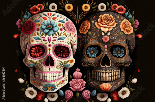 Day of the Dead celebration Sugar Skulls and Flowers