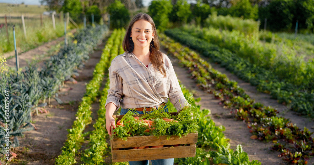 Woman farmer, agriculture and vegetables in box, farming and fresh produce, organic and harvest. Young, happy in portrait, farm and countryside, nature and environment, green and sustainability. Woman farmer, agriculture and vegetables in box, farming and fresh produce, organic and harvest. Young, happy in portrait, farm and countryside, nature and environment, green and sustainability.