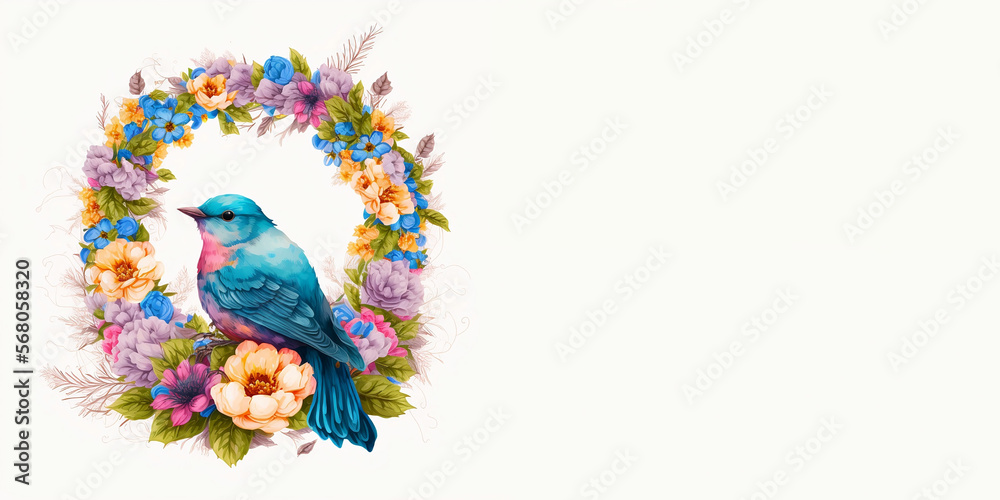 Arrangement of tropical flowers and plants, with colorful birds, on an isolated White Background. Generative AI 