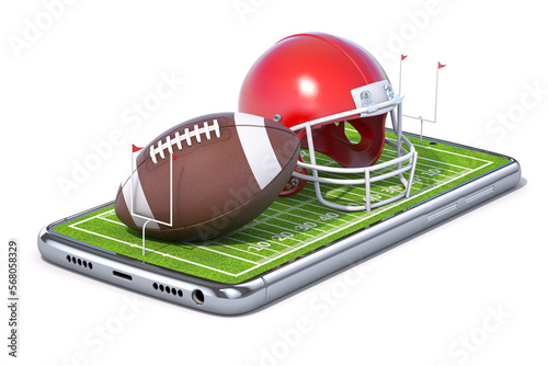 American football app video game on smartphone.. Mobile phone and american football ball and helmet isolated on white. photo