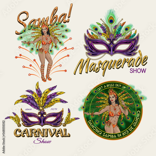 Set of 4 colorful labels with girl, mask, feathers, text. Carnival decoration in vintage style on white background. For prints, clothing, t shirt, holiday goods, stuff, surface design.