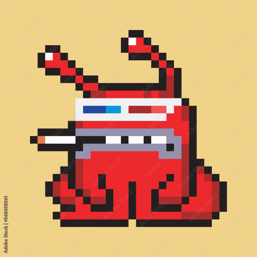 alien monster character with accessories in pixel art style 
