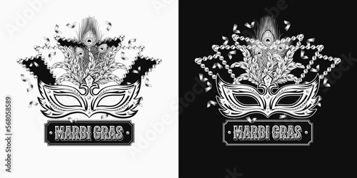 Carnival monochrome Mardi Gras label with masquerade mask, feathers, sting of beads, confetti, text Beer, Beads, Boobs. For prints, clothing, t shirt, surface design. Vintage style