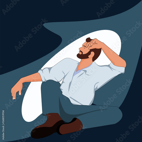 Young working man with a beard was sitting exhausted, putting his right hand on his knees left hand over forehead.Vector illustrations flat design concept for Demonstrates being under depression mode.