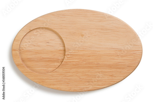 Oval wooden tray top view isolated on white background