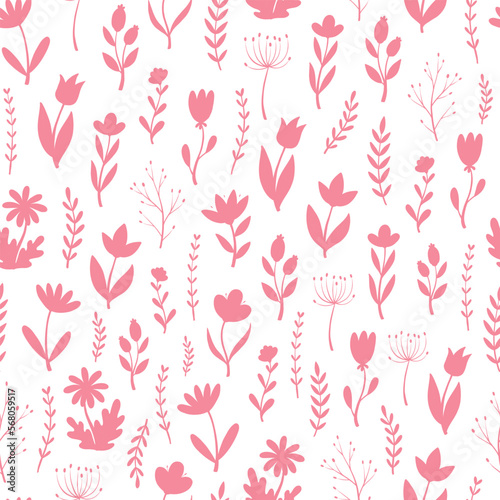 floral seamless pattern with pink wildflowers on white background. Good for bedding, wallpaper, nursery prints, apparel decor, scrapbooking, stationary, etc. EPS 10