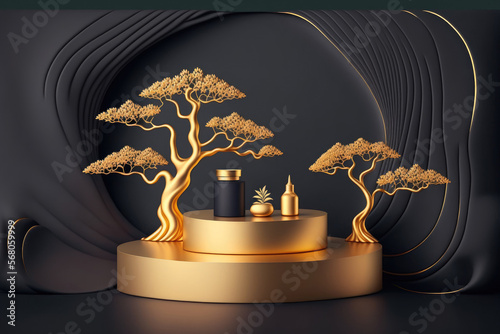 basic abstract cosmetic background in Japanese style. For a product presentation, a podium and a gold bonsai tree are used with a dark background. illustration. Generative AI
