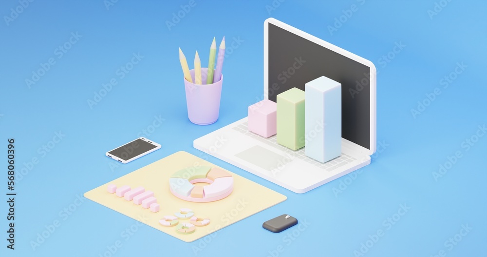 3d illustration isometric online market analysis of sales and purchase statistics. Digital marketing investment, financial income strategy using laptop and smartphone 3d illustration isometric online market analysis of sales and purchase statistics. Digital marketing investment, financial income strategy using laptop and smartphone