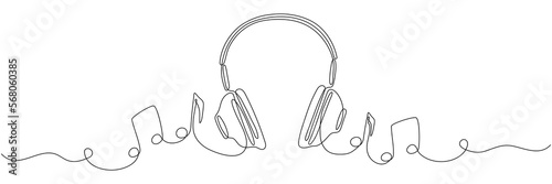Headphones with music notes continuous one line drawing. Vector isolated on white.