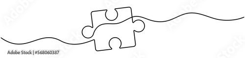 Puzzle continuous line art. Jigsaw piece one line drawing. Vector isolated on white.