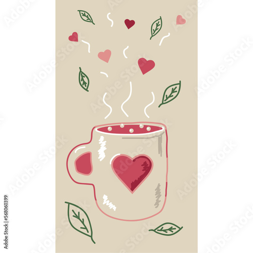 Cup pastel vector, mug with a drink, love drink, hearts, illustration, vertical illustration, valentine's day, cute cup